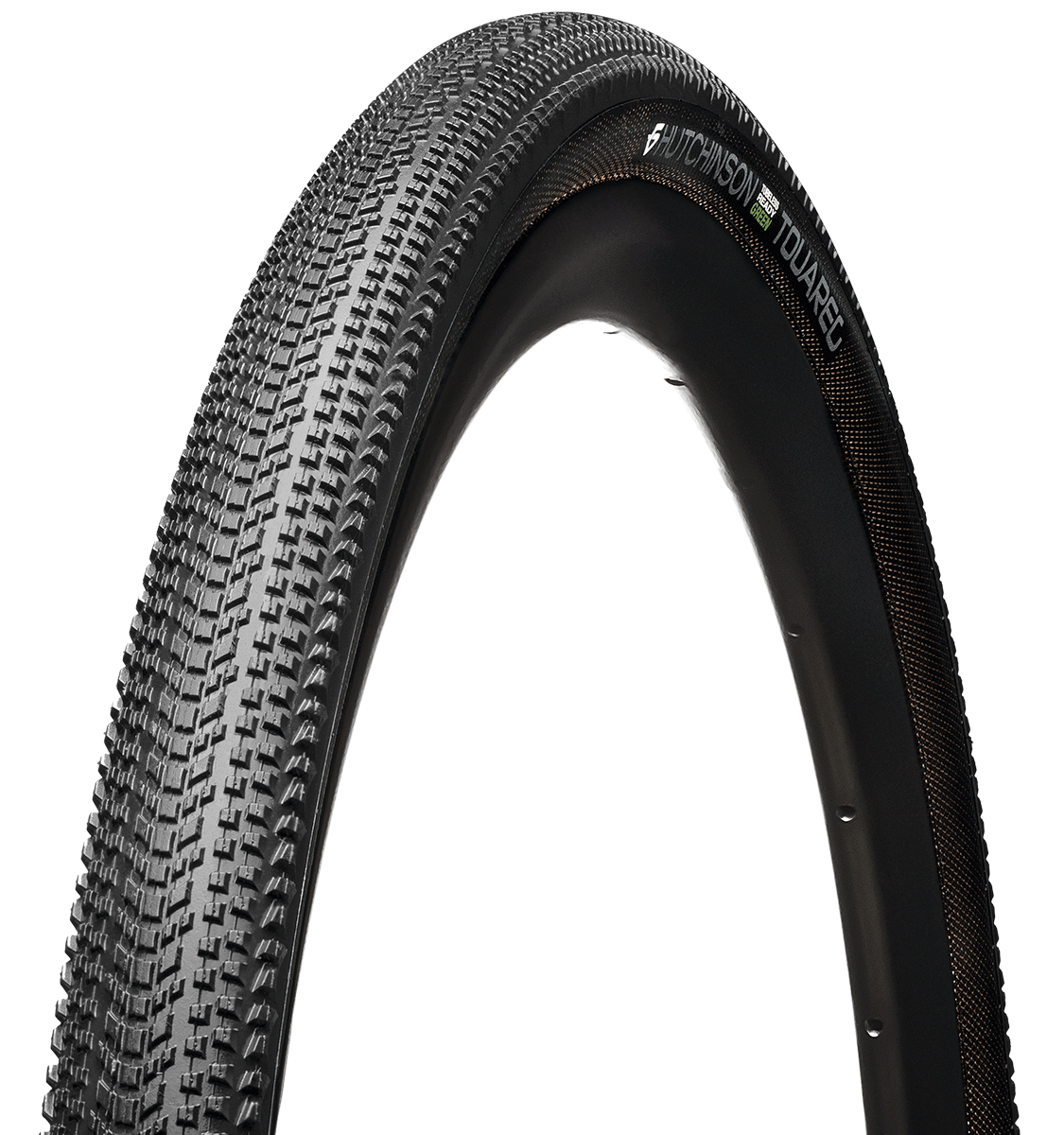 Close-up view of the Gravel Touareg Green bike tire made from recycled and bio-sourced materials